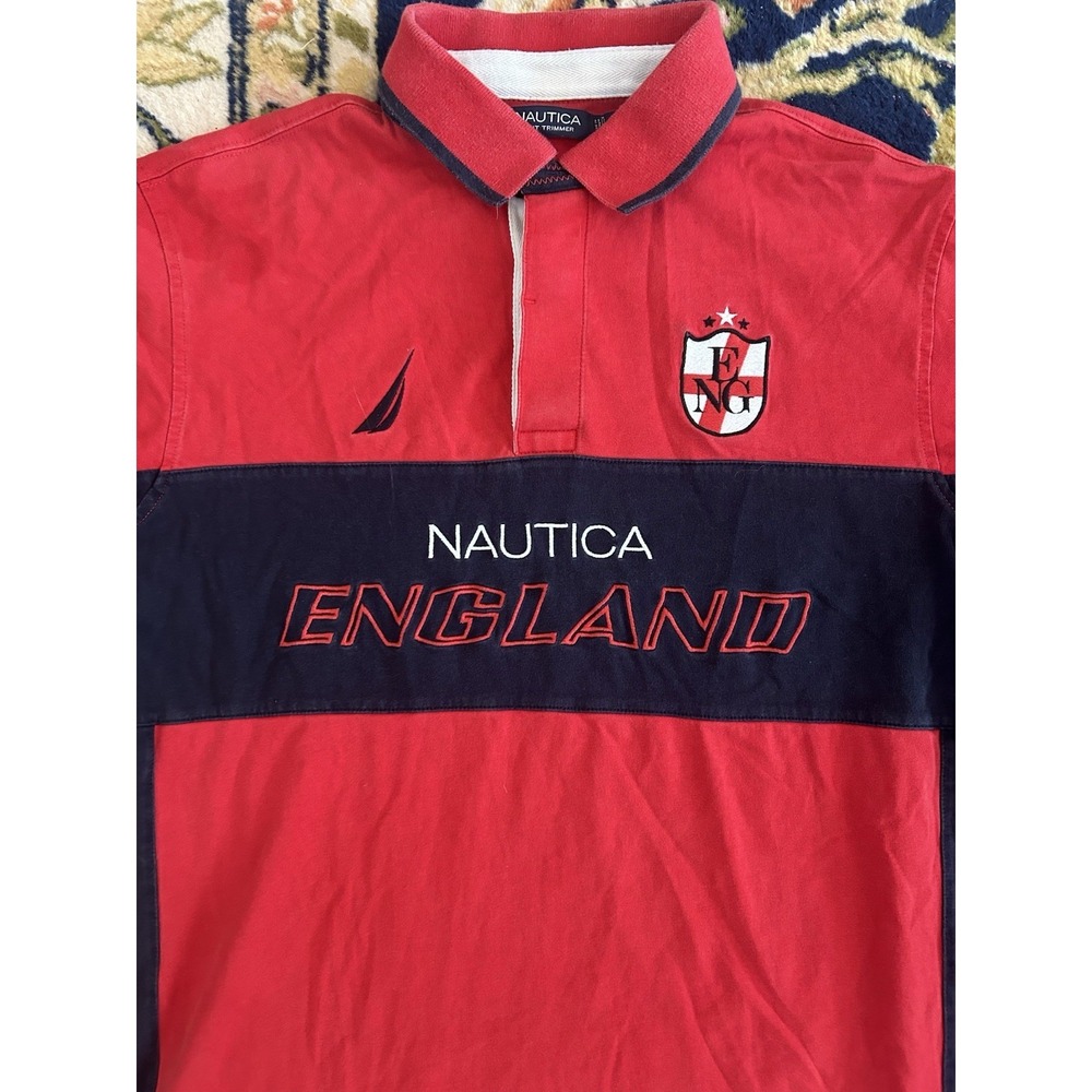 Men's Vintage Nautica England Polo Shirt SZ M Red & Navy Colorblock Sailing Gear - Picture 4 of 5
